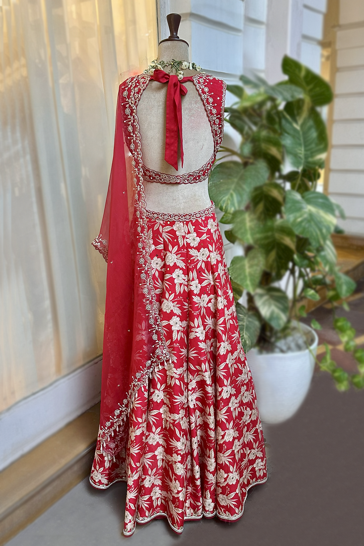 Cherry Red Silk Printed & Embroidered Lehenga Set