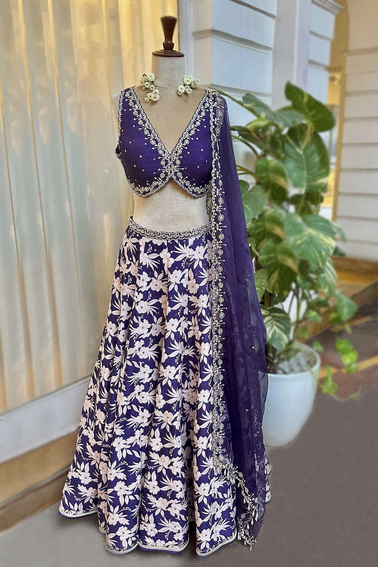 Royal Purple Silk Printed & Embroidered Lehenga Set