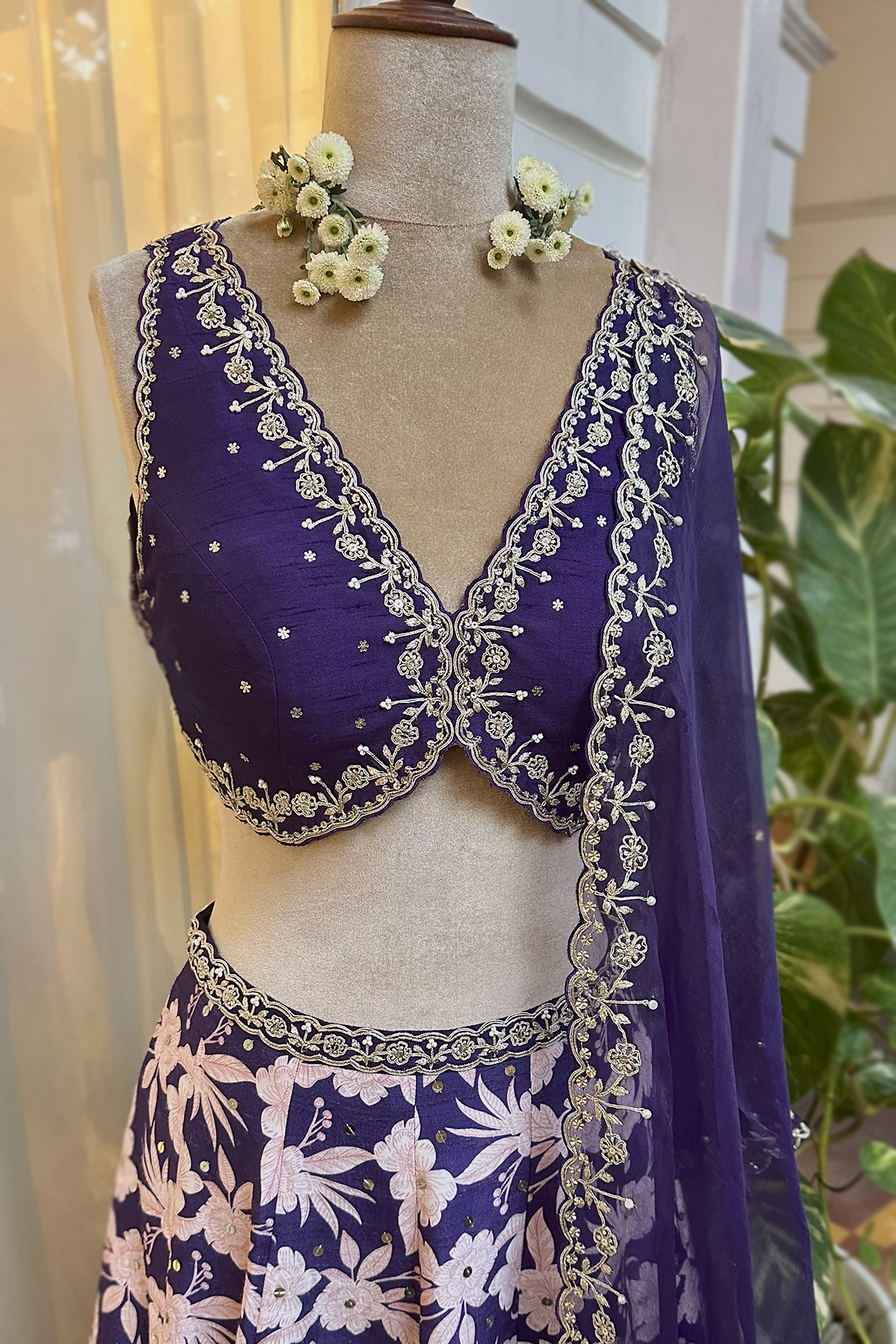 Royal Purple Silk Printed & Embroidered Lehenga Set