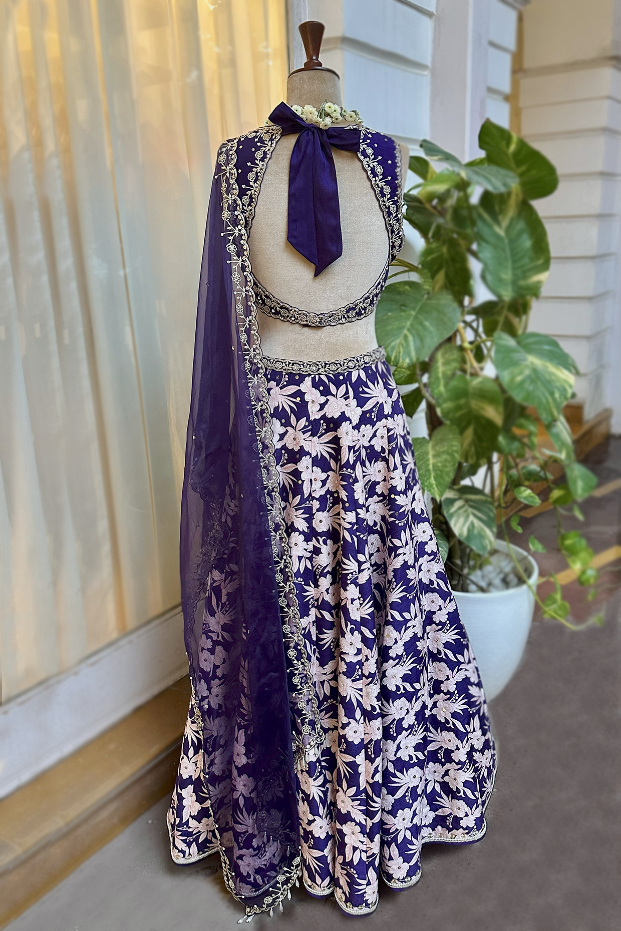 Royal Purple Silk Printed & Embroidered Lehenga Set