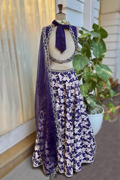 Royal Purple Silk Printed & Embroidered Lehenga Set