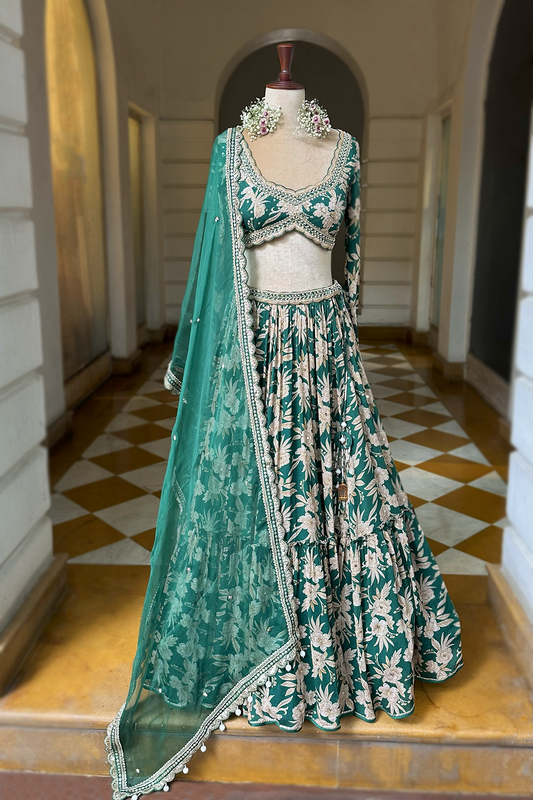 Bottle Green Crepe Tiered Skirt Set