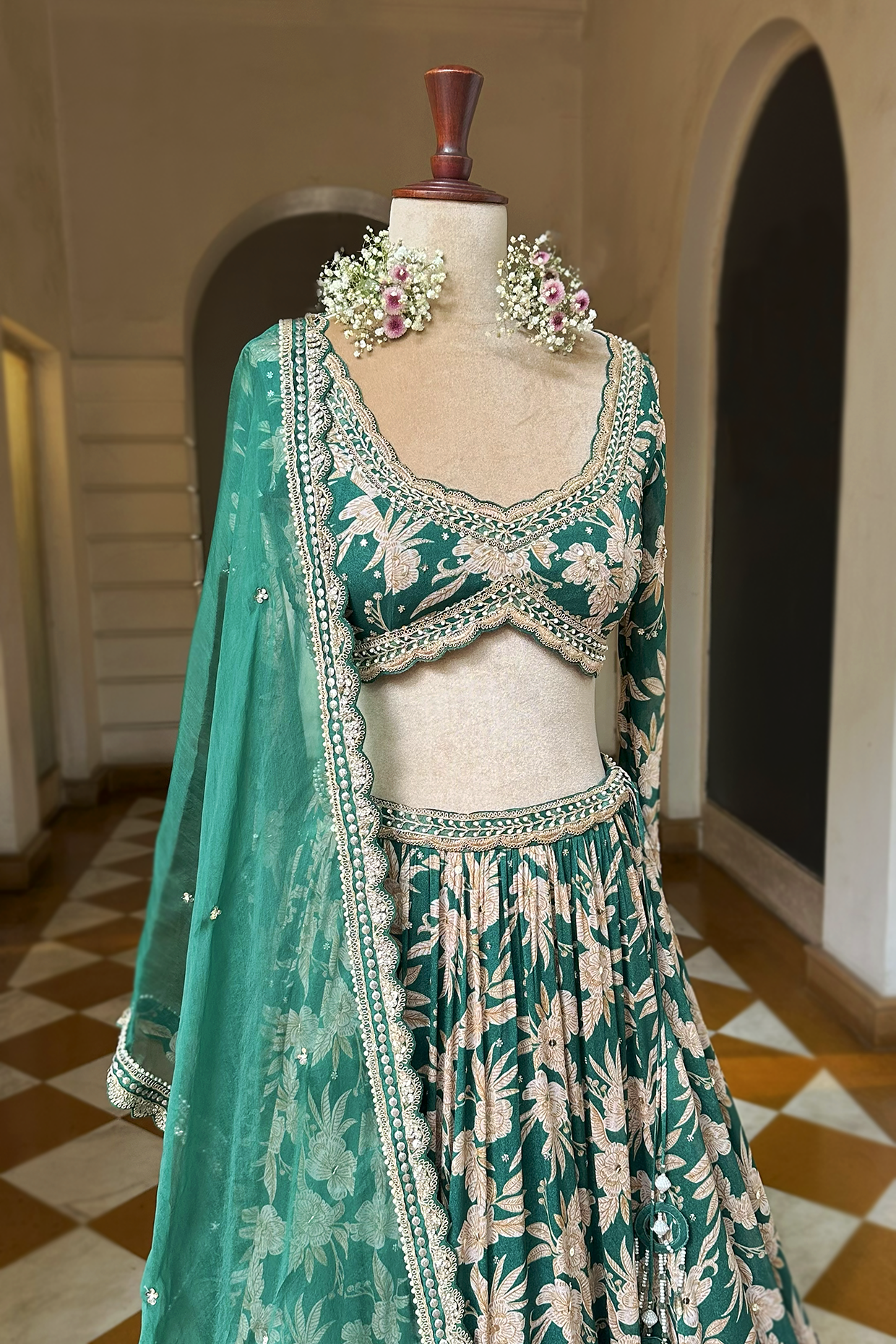 Bottle Green Crepe Tiered Skirt Set