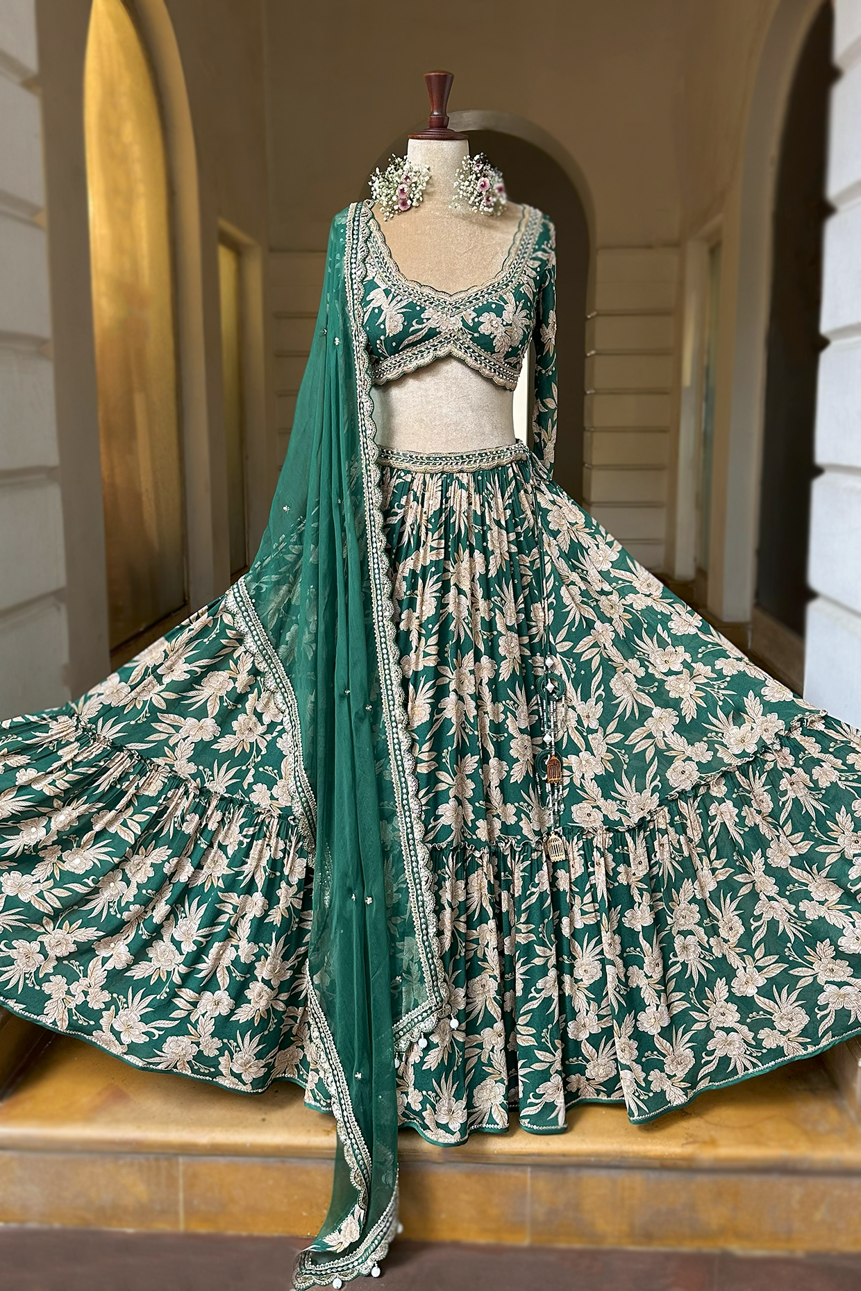 Bottle Green Crepe Tiered Skirt Set