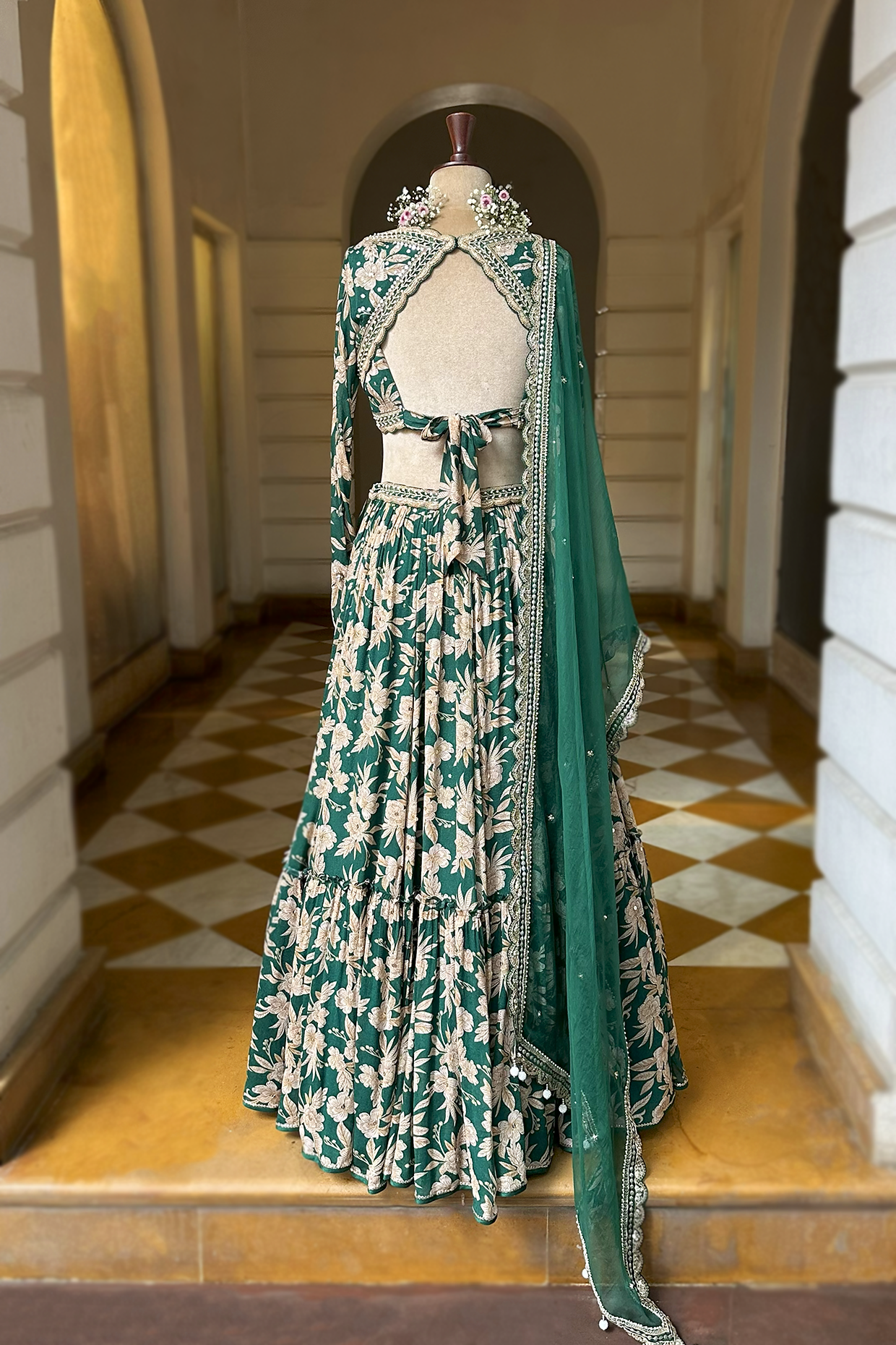 Bottle Green Crepe Tiered Skirt Set