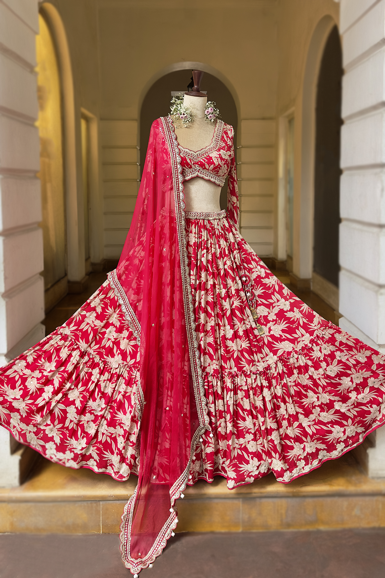 Cherry Red Crepe Tiered Skirt Set
