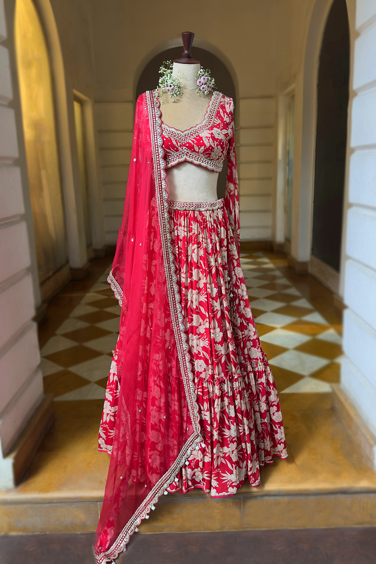 Cherry Red Crepe Tiered Skirt Set
