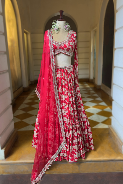 Cherry Red Crepe Tiered Skirt Set