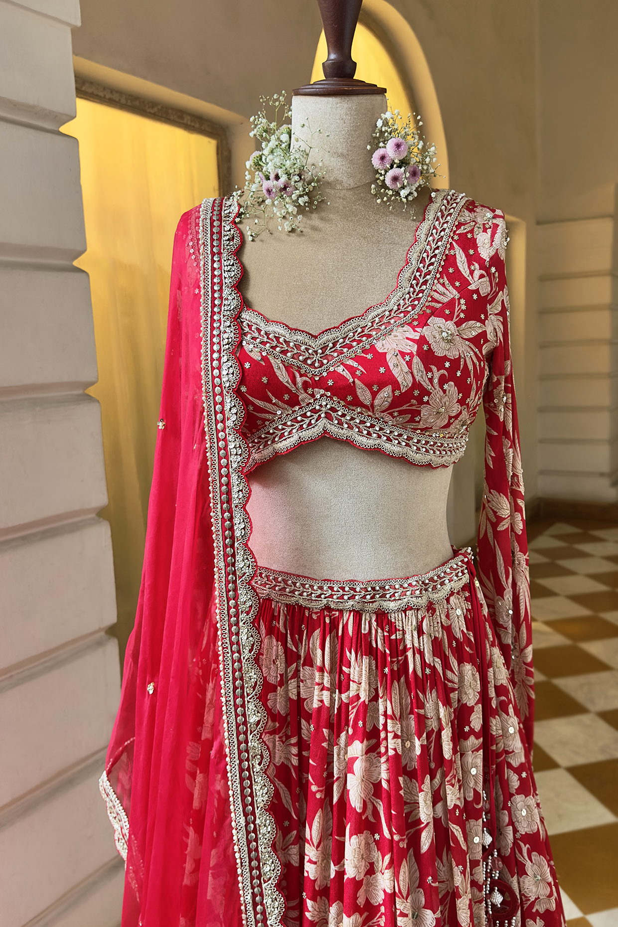 Cherry Red Crepe Tiered Skirt Set