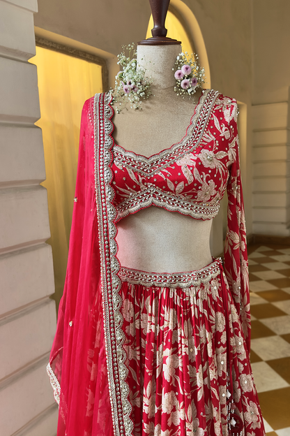 Cherry Red Crepe Tiered Skirt Set