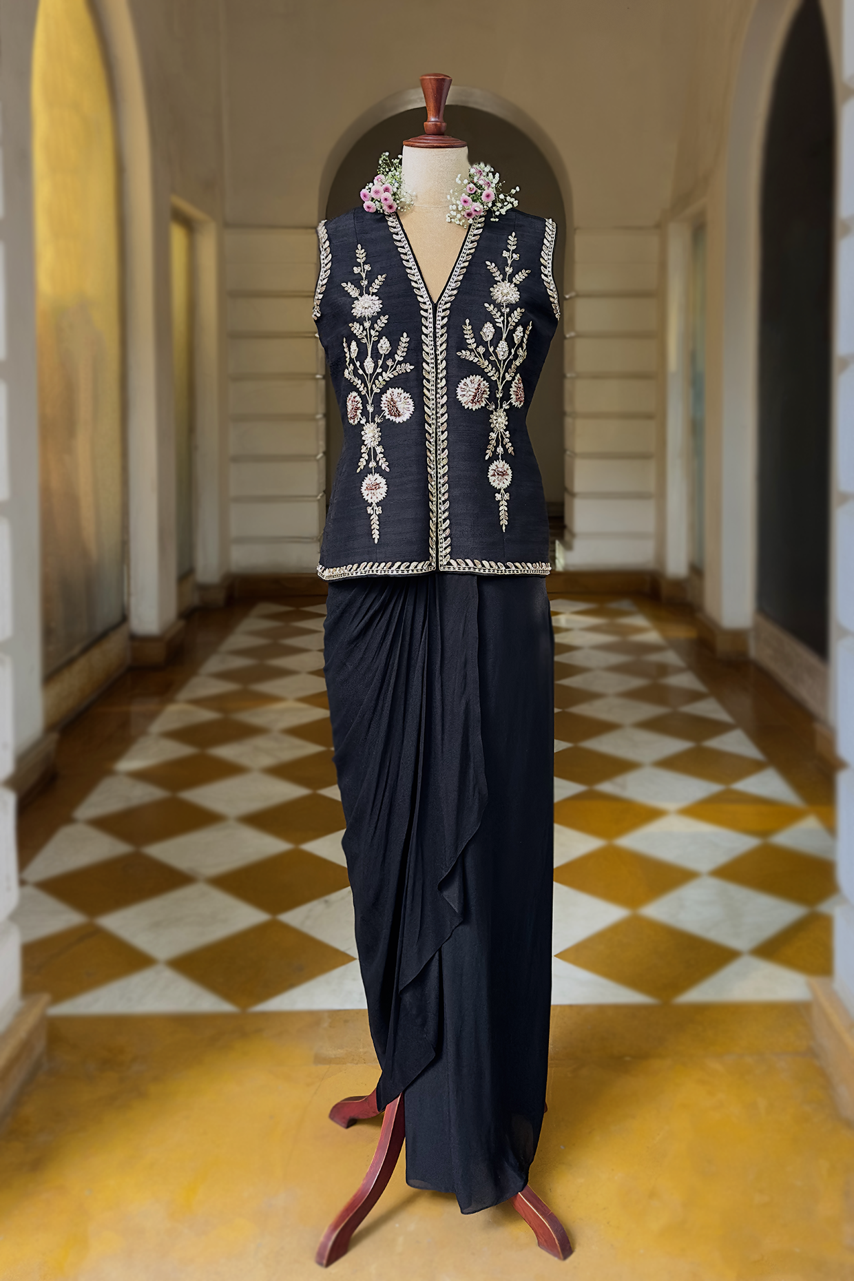 Charcoal Black Silk Waistcoat Jacket Set