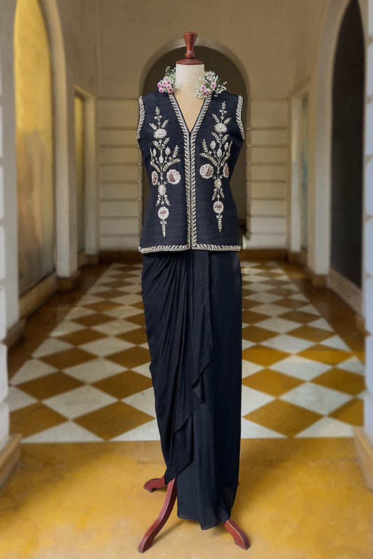 Charcoal Black Silk Waistcoat Jacket Set