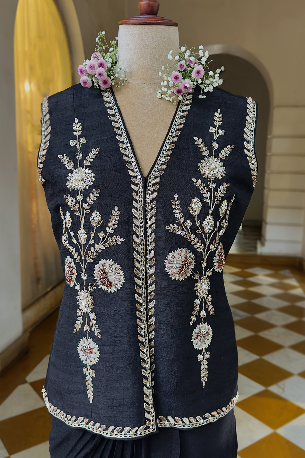 Charcoal Black Silk Waistcoat Jacket Set