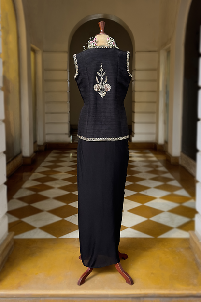 Charcoal Black Silk Waistcoat Jacket Set