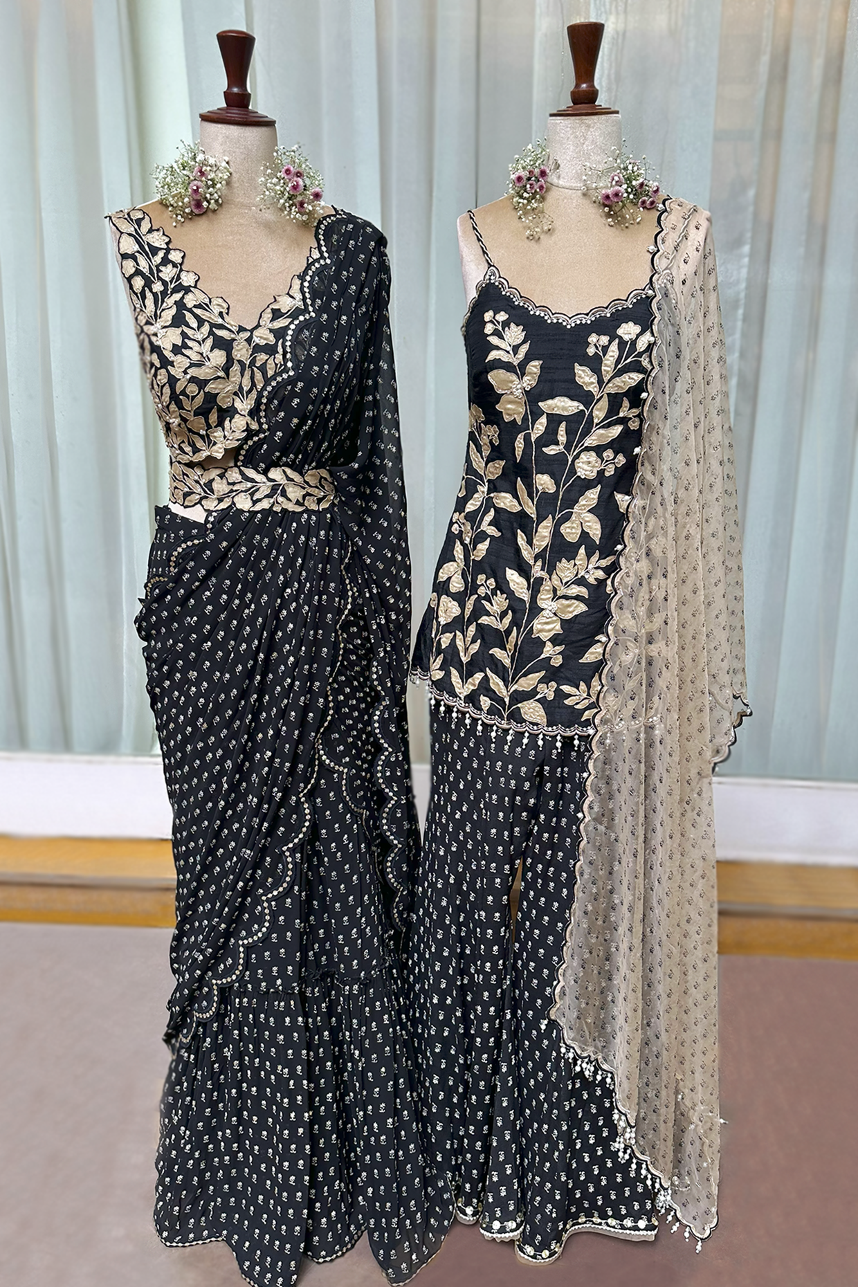 Charcoal Black Silk Embroidered Sharara Set