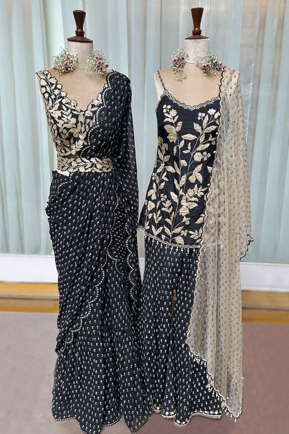 Charcoal Black Silk Embroidered Sharara Set