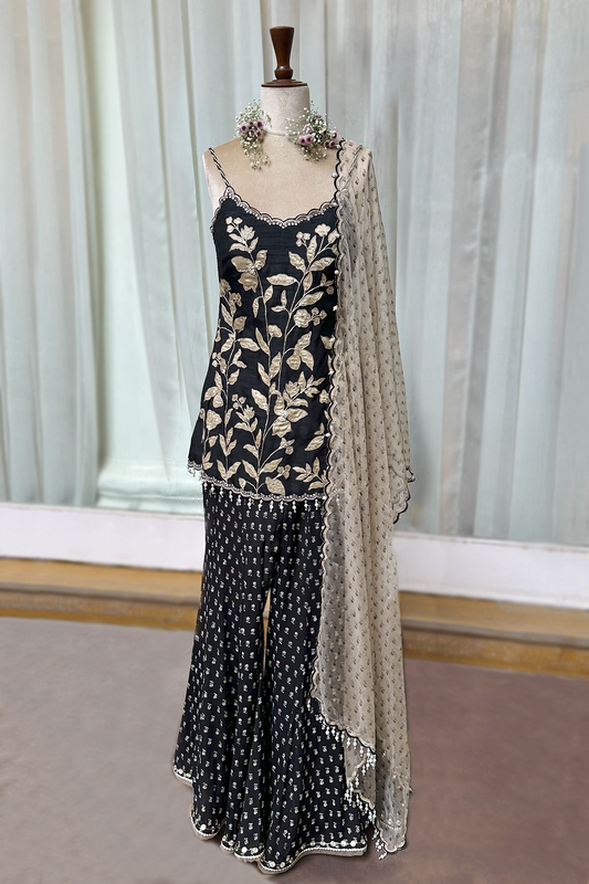 Charcoal Black Silk Embroidered Sharara Set