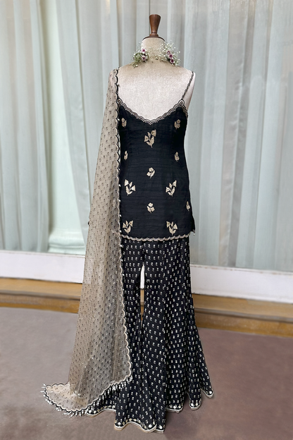 Charcoal Black Silk Embroidered Sharara Set