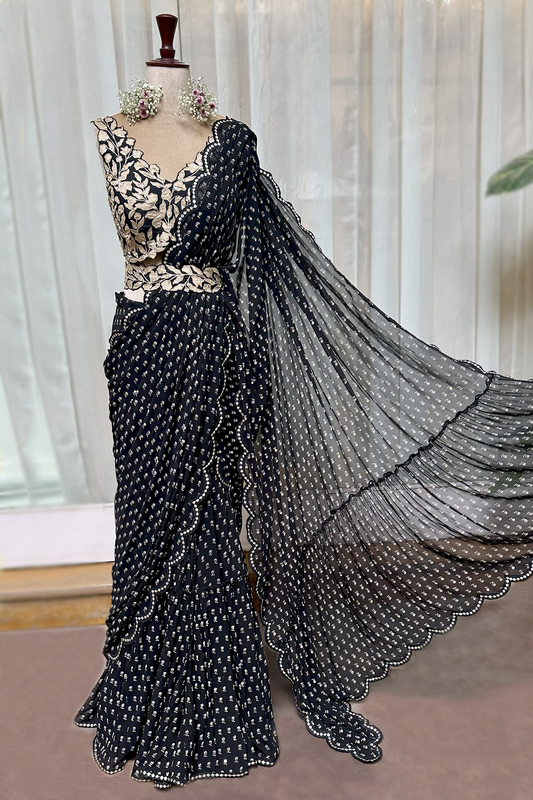 Charcoal Black Georgette Draped Saree Set
