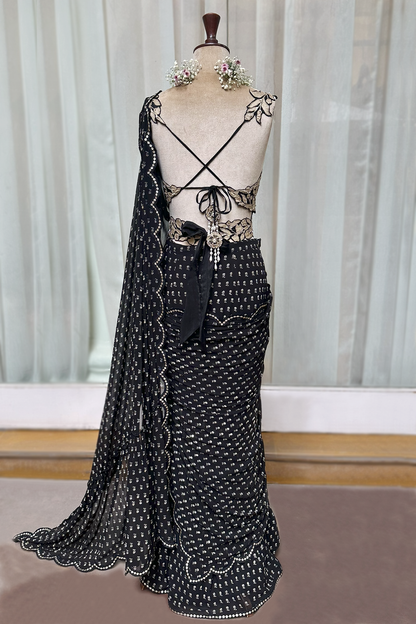 Charcoal Black Georgette Draped Saree Set