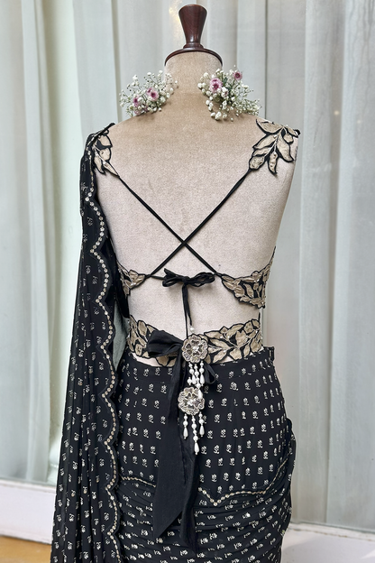Charcoal Black Georgette Draped Saree Set