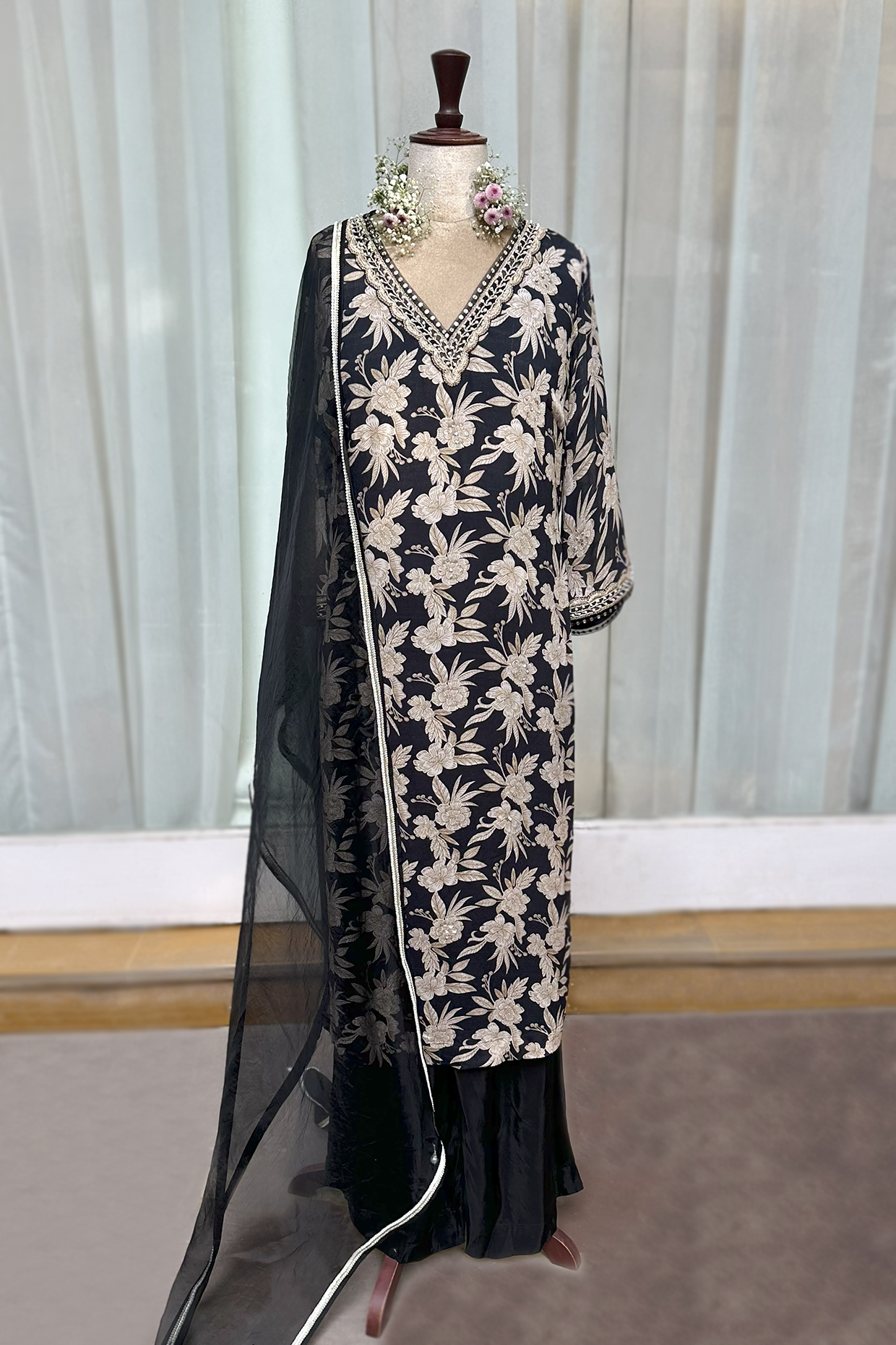 Charcoal Black Crepe Straight Kurta Set
