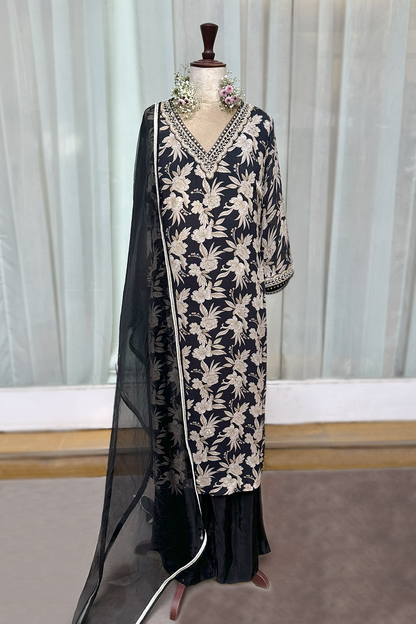 Charcoal Black Crepe Straight Kurta Set