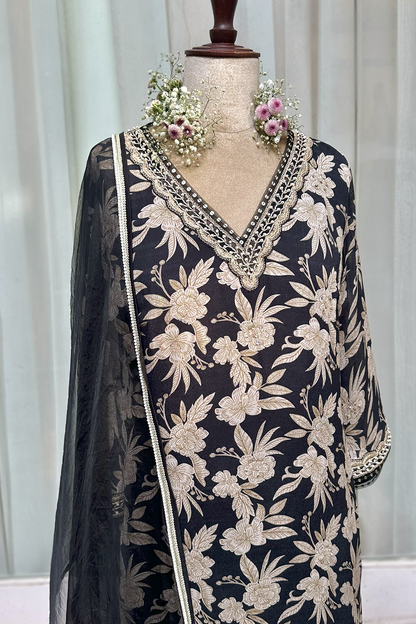 Charcoal Black Crepe Straight Kurta Set