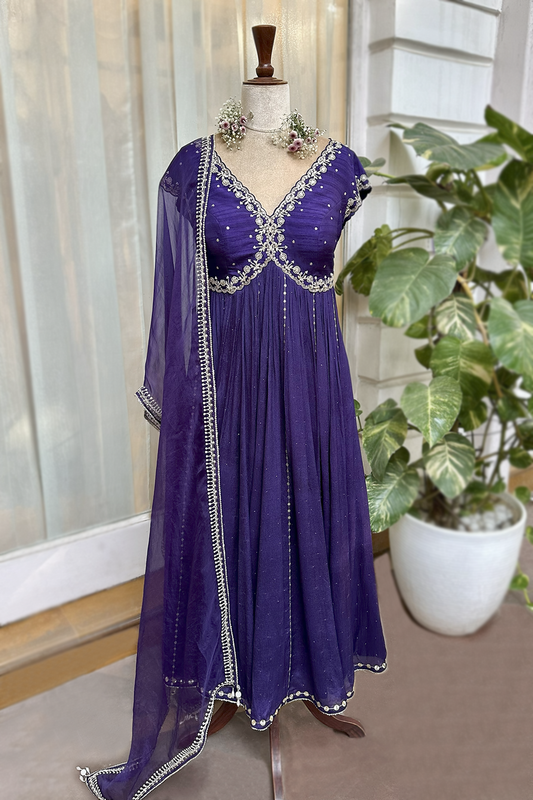 Royal Purple Silk Embroidered Anarkali Set