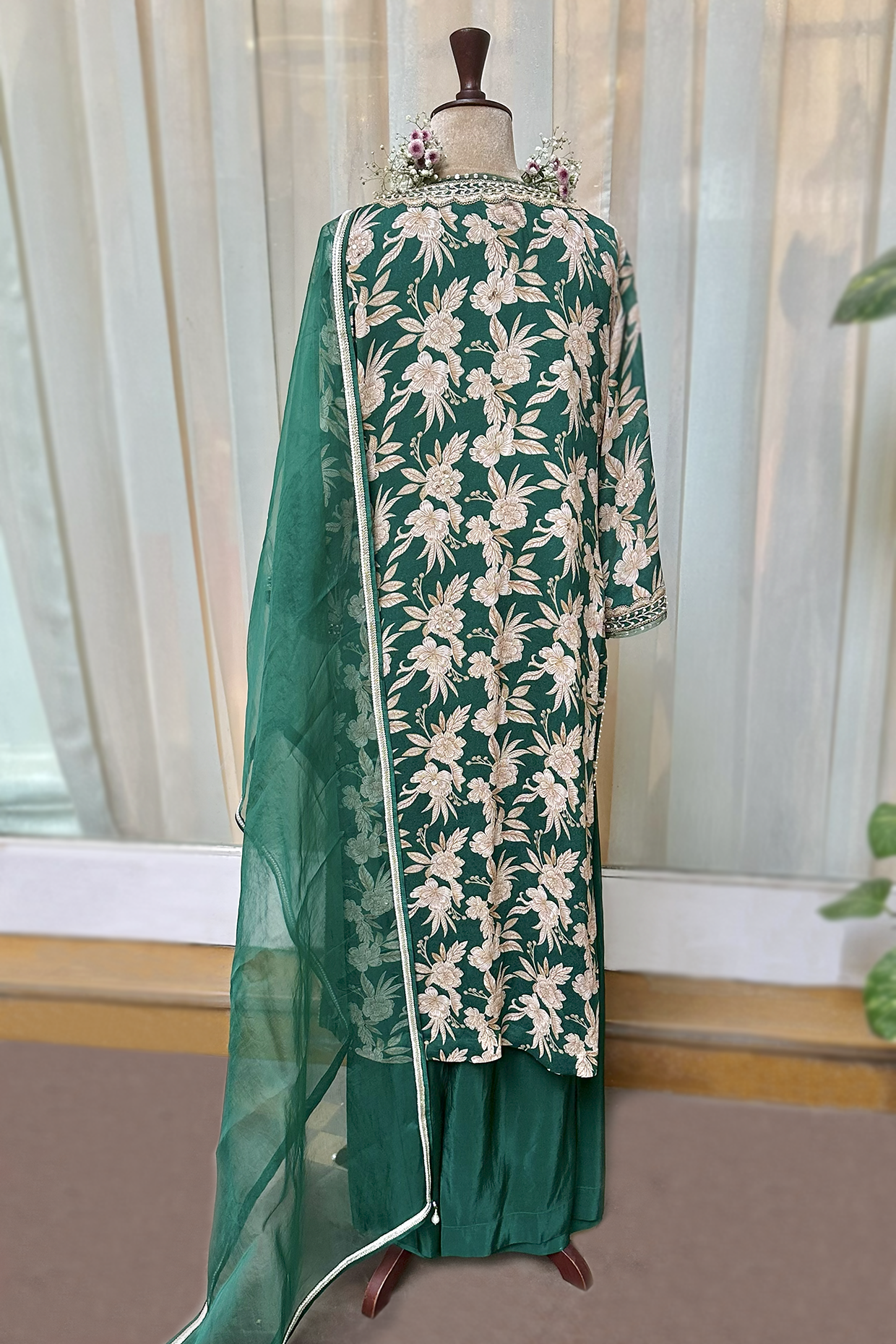 Bottle Green Crepe Straight Kurta Set
