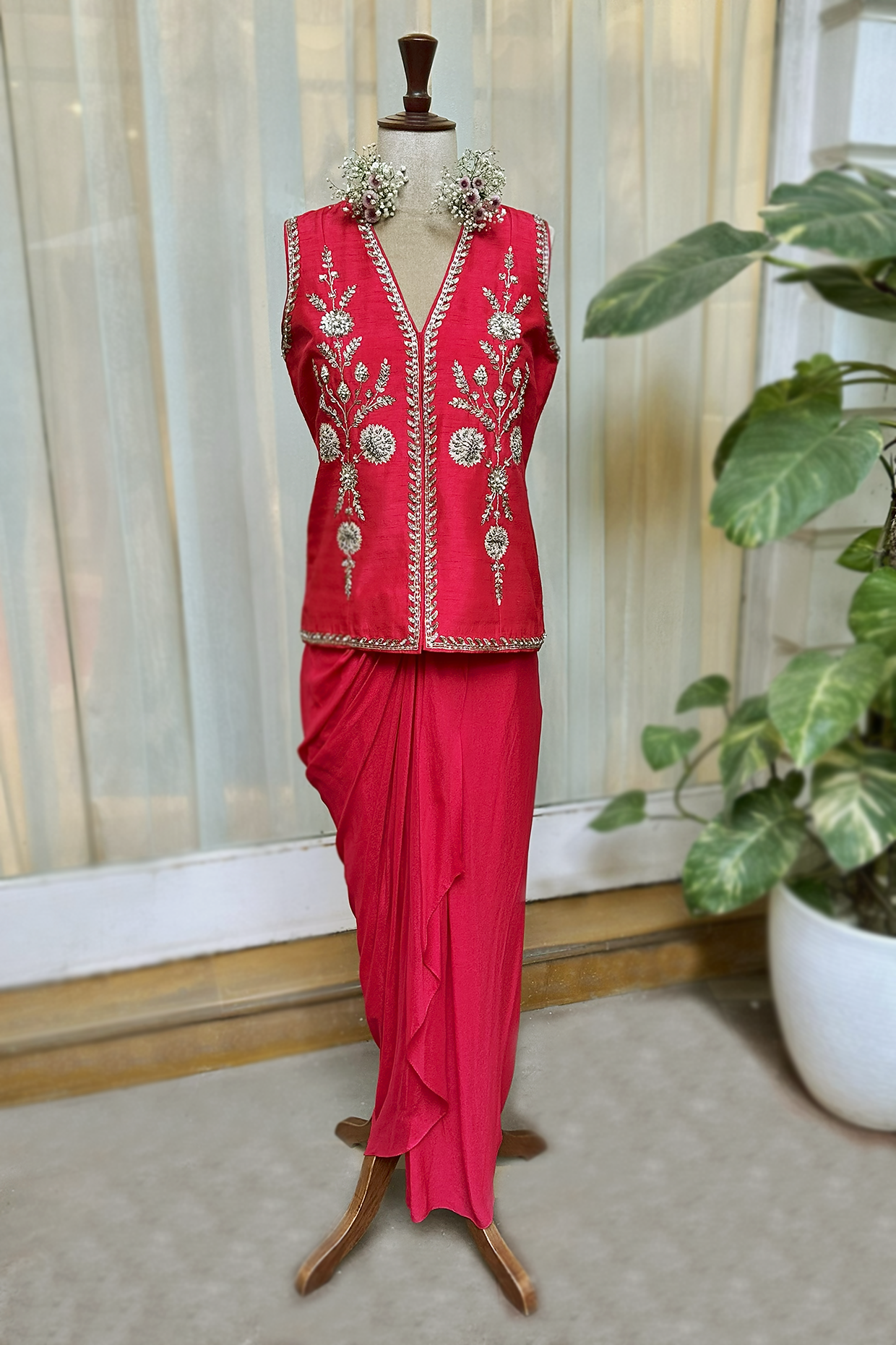 Cherry Red Silk Waistcoat Jacket Set