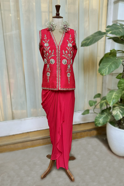 Cherry Red Silk Waistcoat Jacket Set