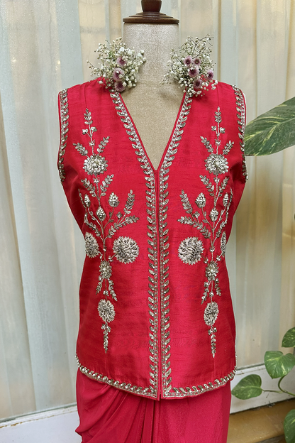 Cherry Red Silk Waistcoat Jacket Set