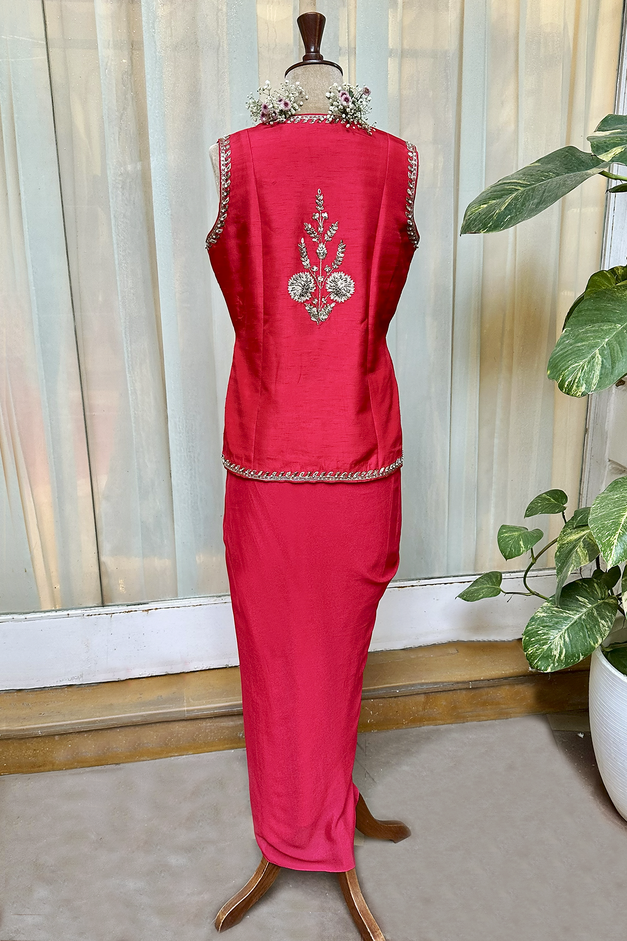 Cherry Red Silk Waistcoat Jacket Set
