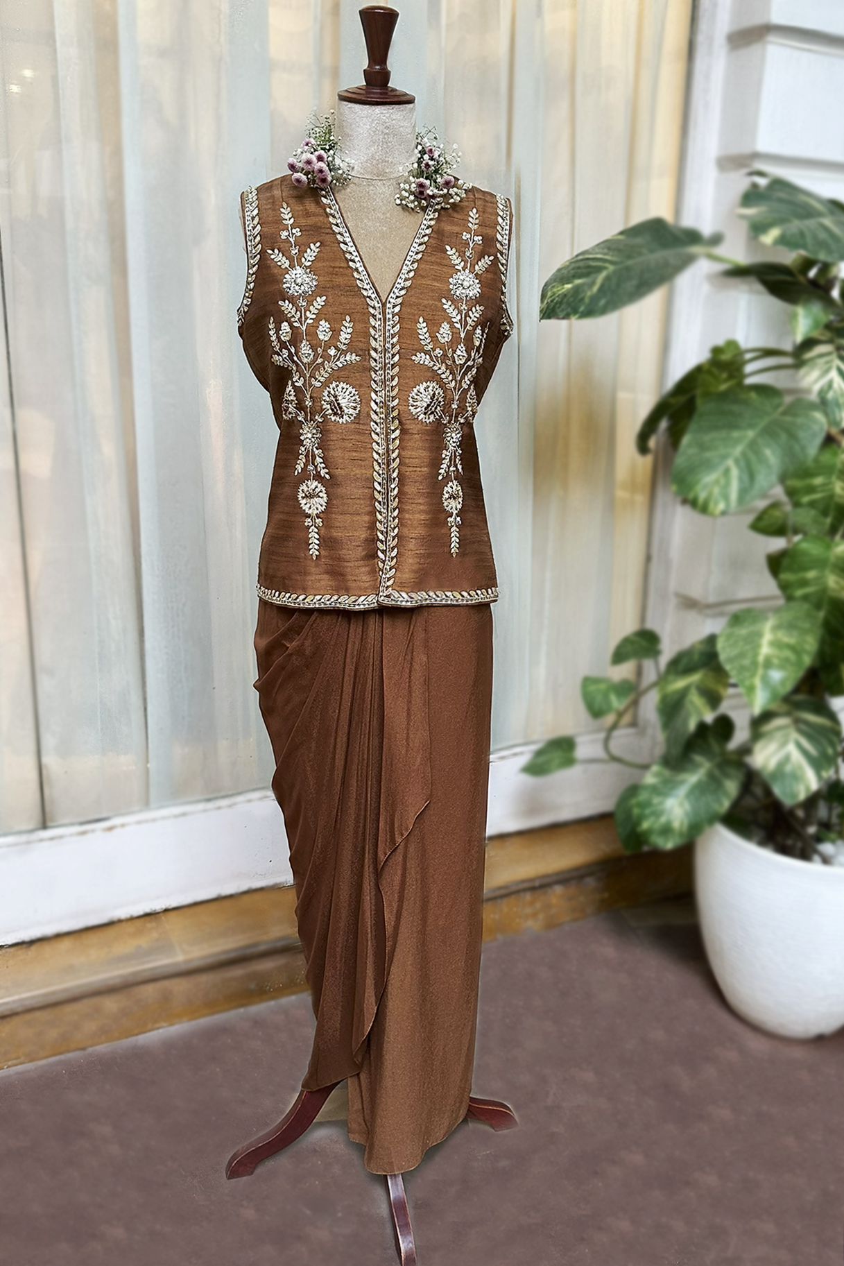 Cocoa Silk Waistcoat Jacket Set
