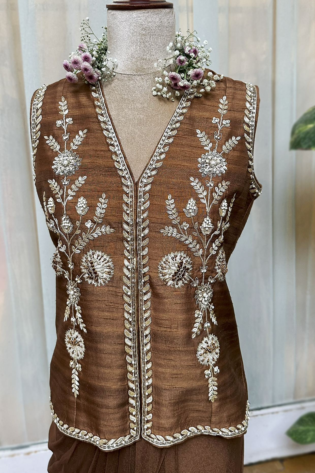 Cocoa Silk Waistcoat Jacket Set