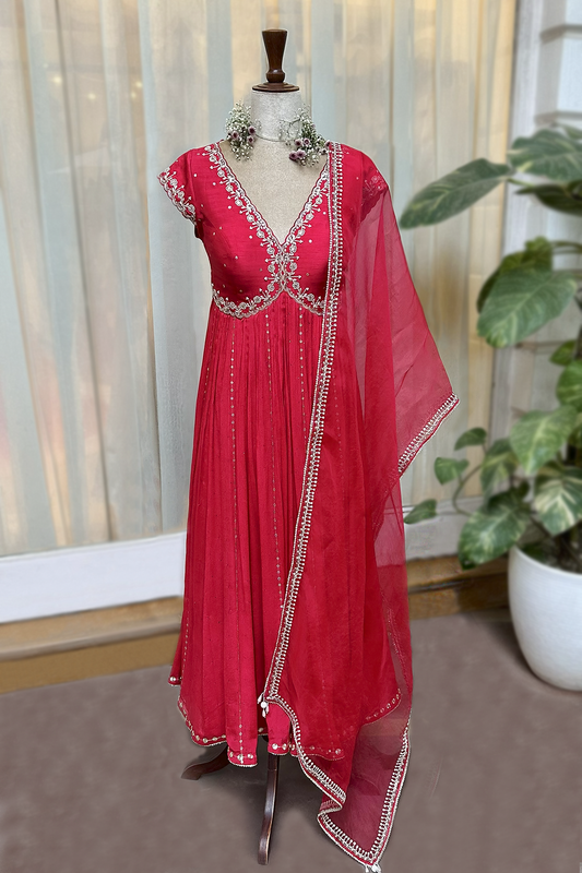 Cherry Red Silk Embroidered Anarkali Set