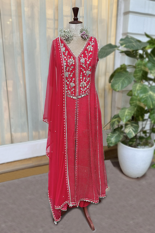 Cherry Red Chiffon Anarkali Set