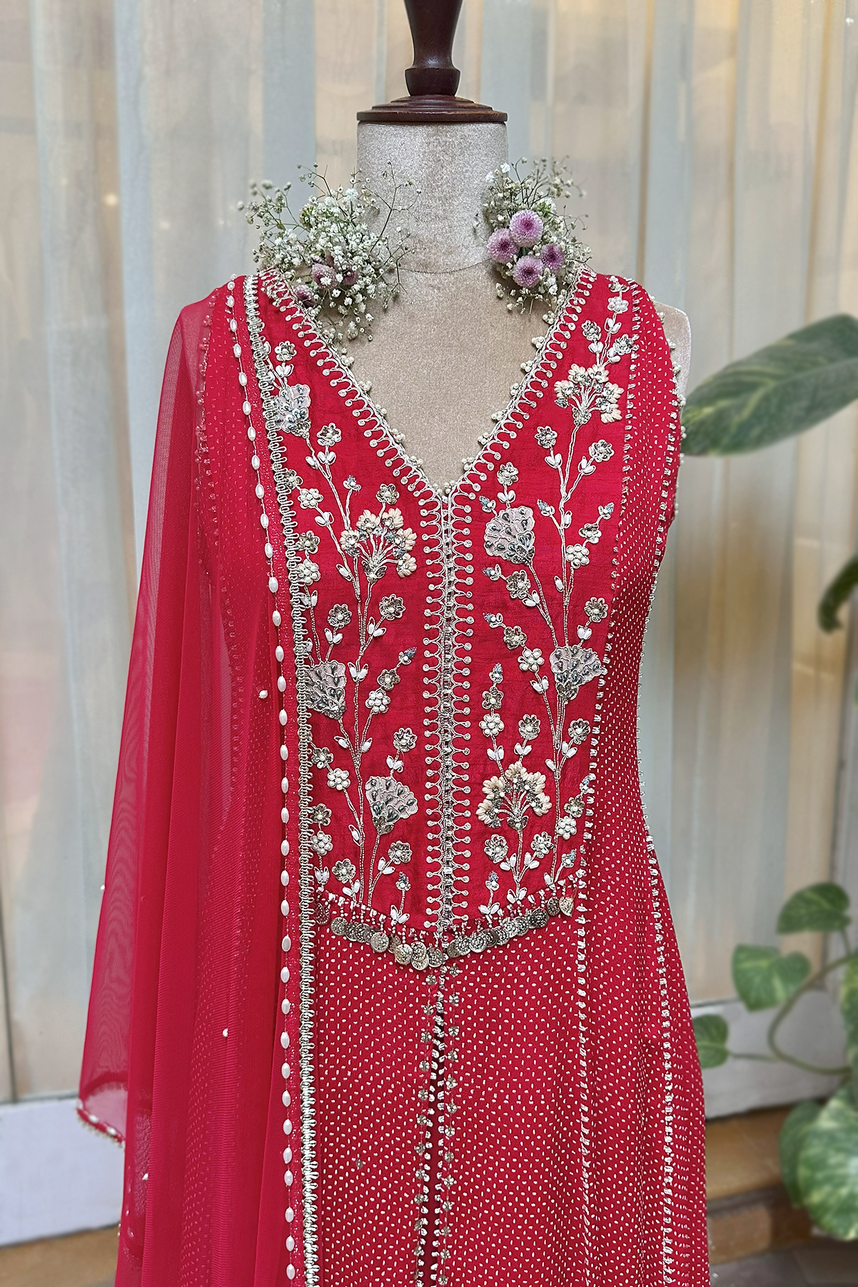 Cherry Red Chiffon Anarkali Set
