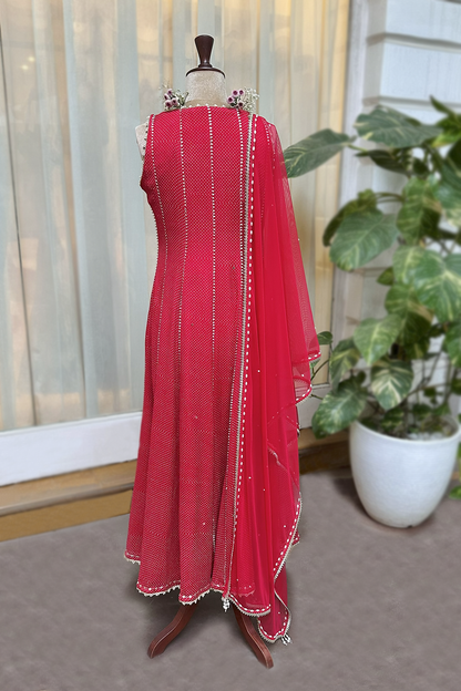 Cherry Red Chiffon Anarkali Set