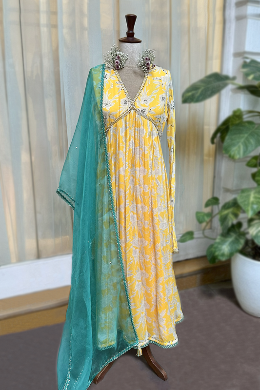 Mustard Crepe Printed Anarkali Set
