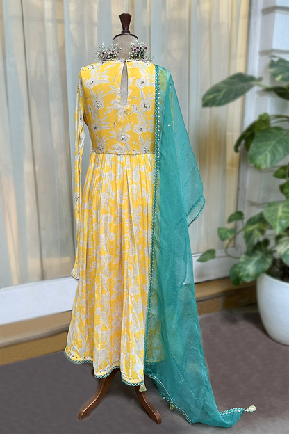 Mustard Crepe Printed Anarkali Set