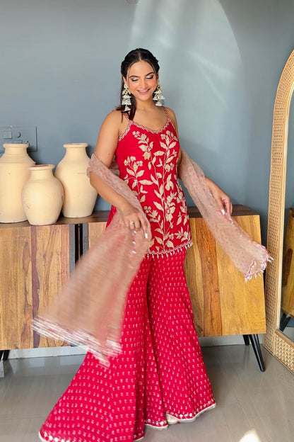 Sapna In Cherry Red Silk Sharara Set