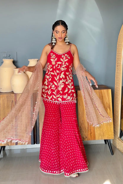 Sapna In Cherry Red Silk Sharara Set