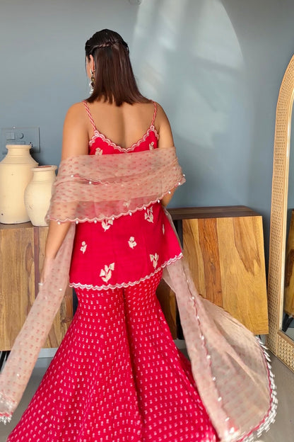 Sapna In Cherry Red Silk Sharara Set