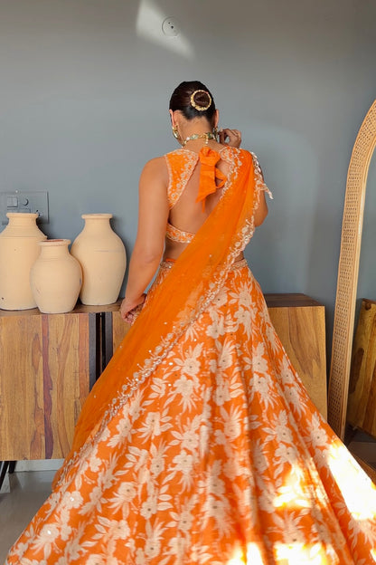 Sapna In Orange Silk Printed Lehenga Set