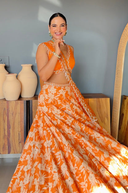 Sapna In Orange Silk Printed Lehenga Set