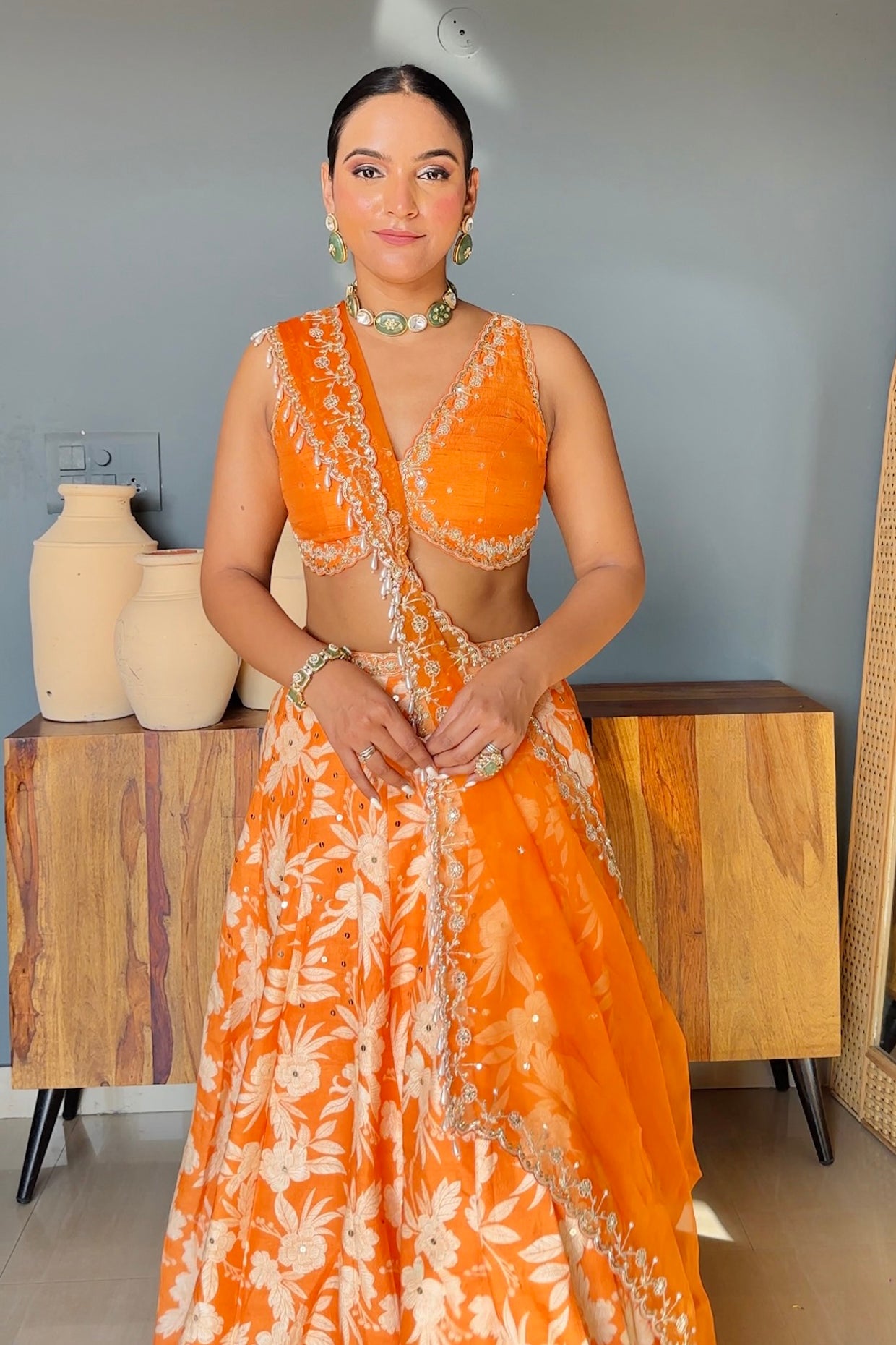 Sapna In Orange Silk Printed Lehenga Set