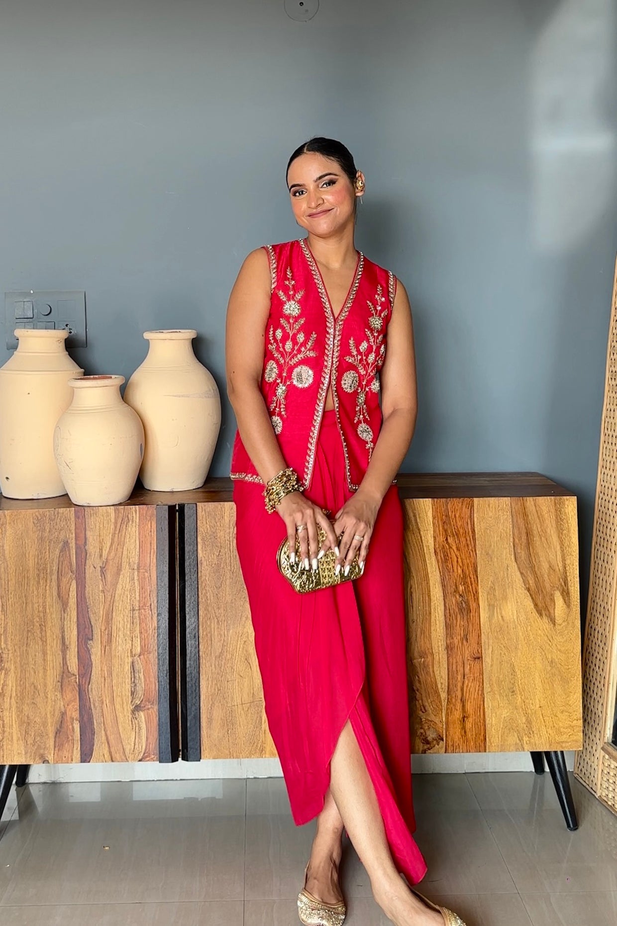 Sapna In Cherry Red Silk Jacket Set