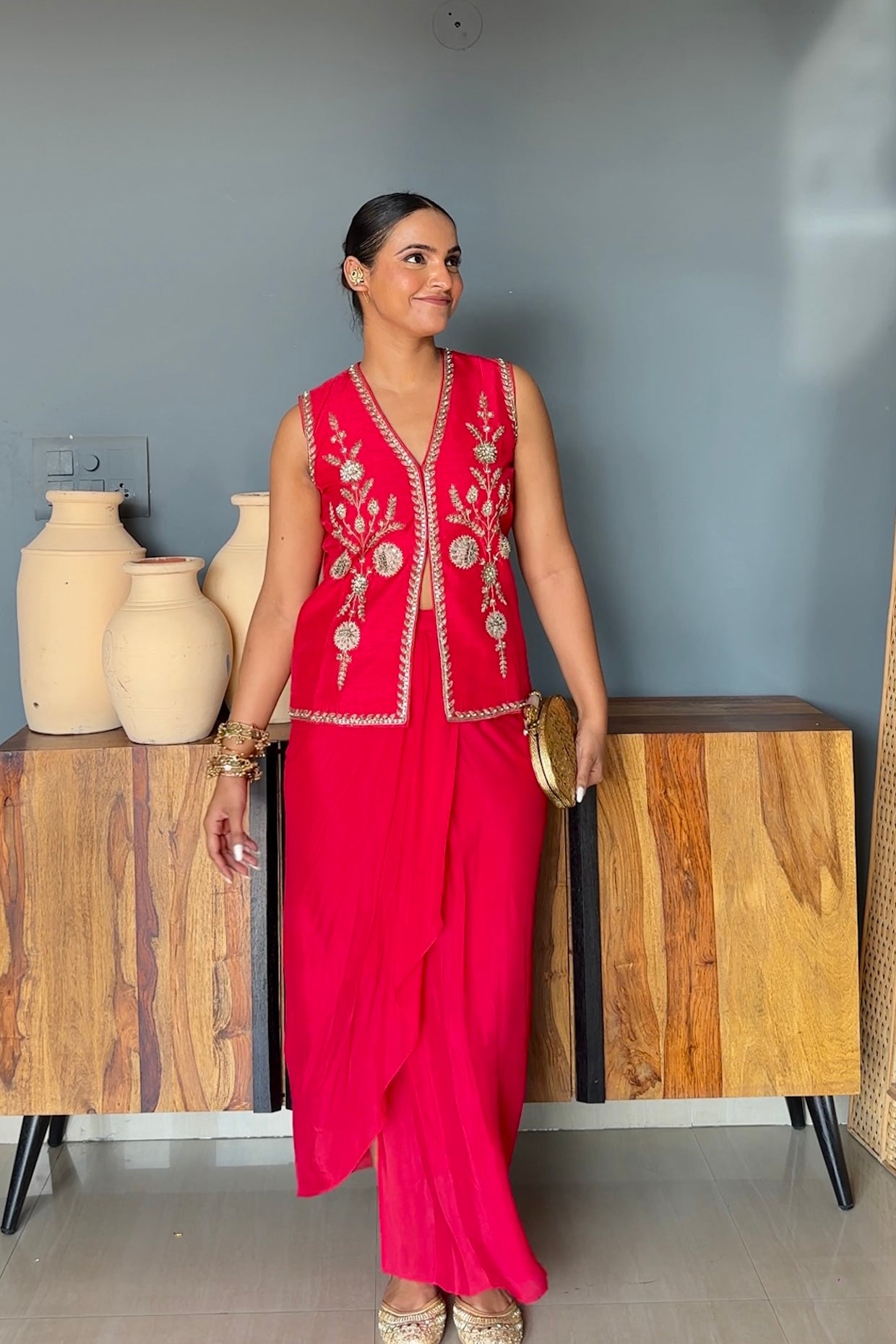 Sapna In Cherry Red Silk Jacket Set